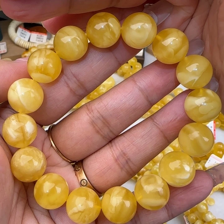 蜜蜡未镶嵌手串妖白花圆珠手串
