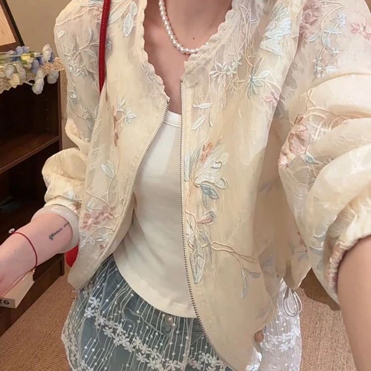 韩系高级感重工刺绣欧根纱短外套女2025春夏新款百搭显瘦防晒上衣