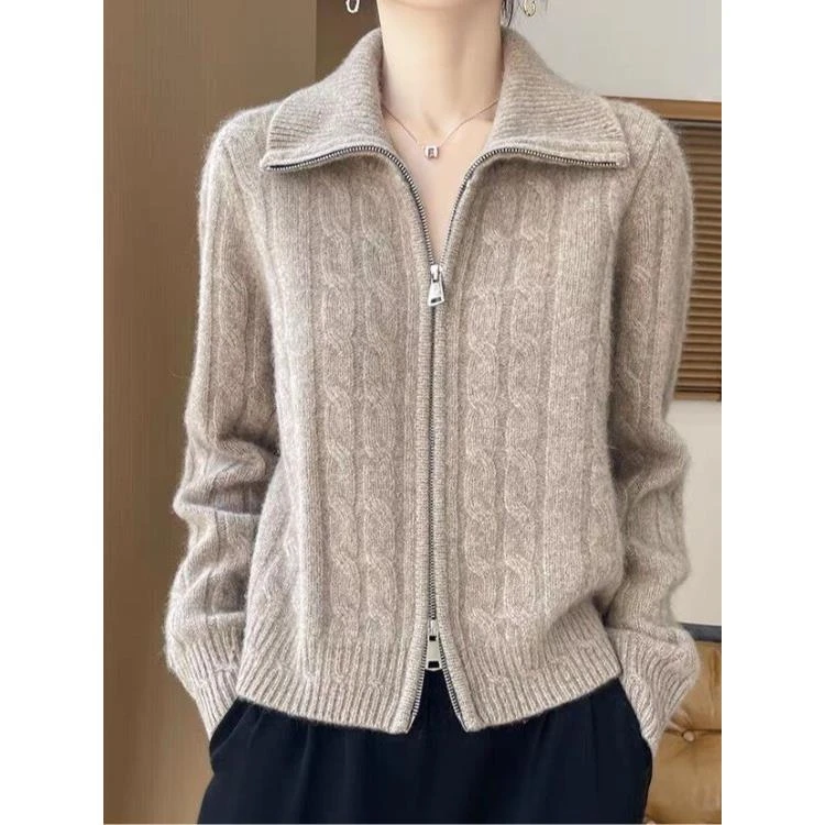 【万达撤柜】双拉炼翻领扭花开衫女长袖2025秋冬软糯加厚麻花毛衣针