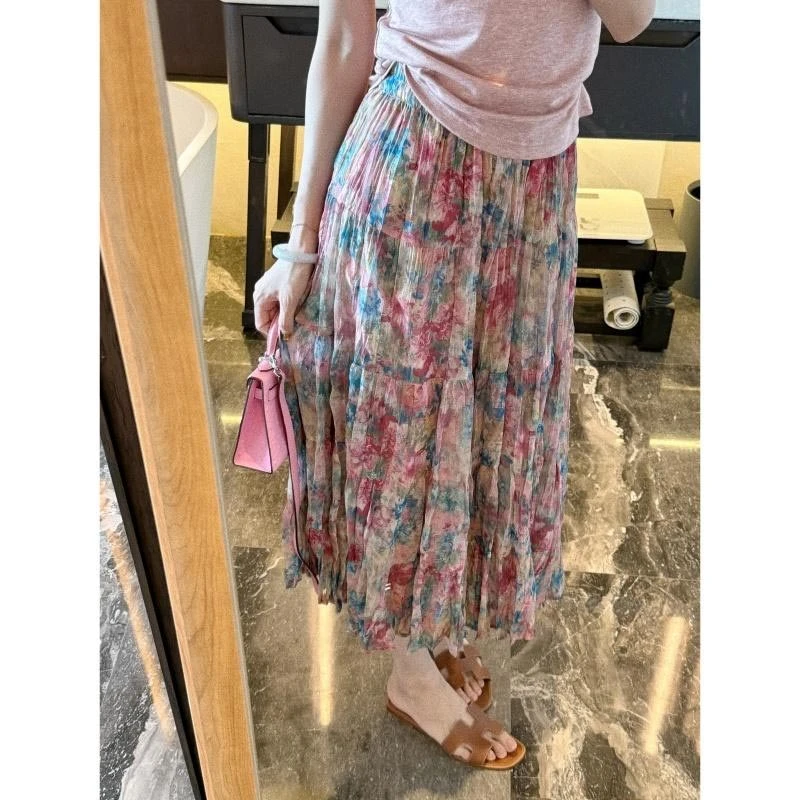 2025夏季新款韩版温柔风拼色休闲碎花半身裙女高级感百搭小众长裙