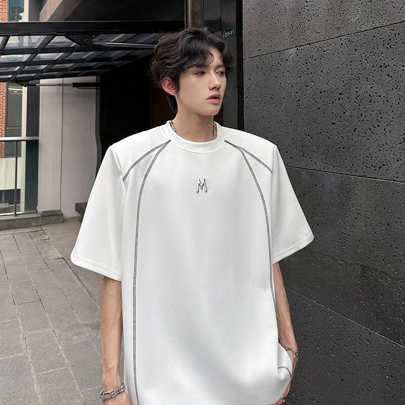 金属扣拼接垫肩短袖男款夏季高级感痞帅正肩t恤重磅小领口五分袖