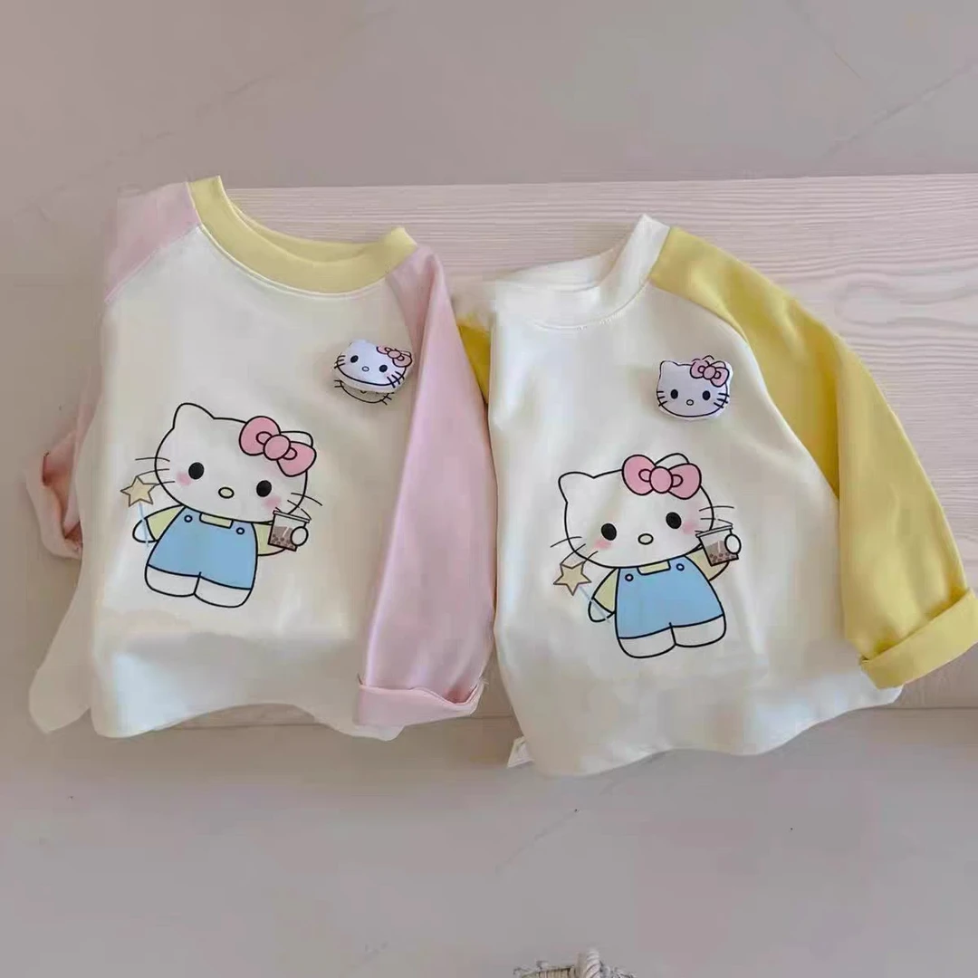 小女孩长袖秋季卡通萌娃猫咪印花打底衫2025新款童装拼色长袖T恤