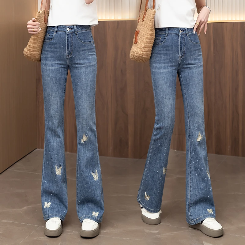 刺绣微喇长裤高腰显瘦2025夏季新款牛仔裤直筒烫钻阔腿裤时尚弹力