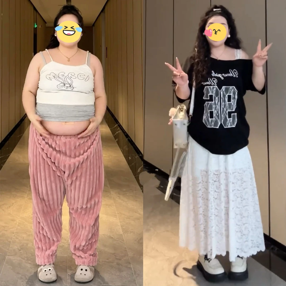 大码女装露肩蕾丝拼接短袖t恤鱼尾裙套装胖mm2025超火夏装一整套