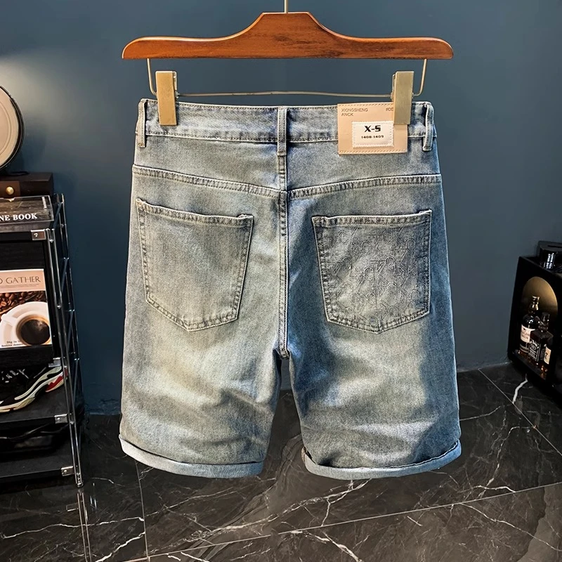 Cebrodz夏季浅蓝色牛仔中裤男薄款潮流直筒短裤2025新款男五分裤