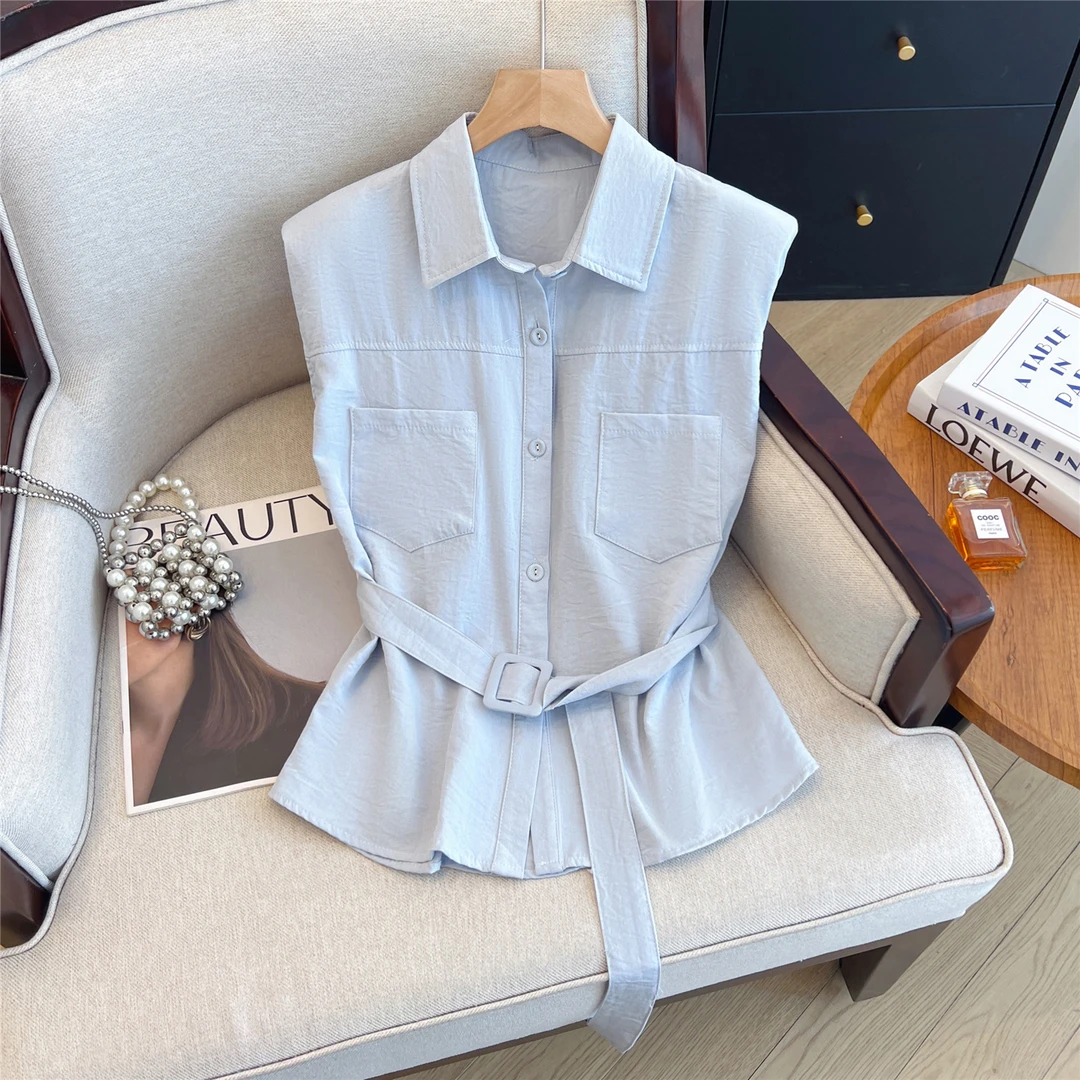 蓝色韩版气质配腰带polo领无袖衬衫女夏通勤职业衬衣宽松显瘦小衫