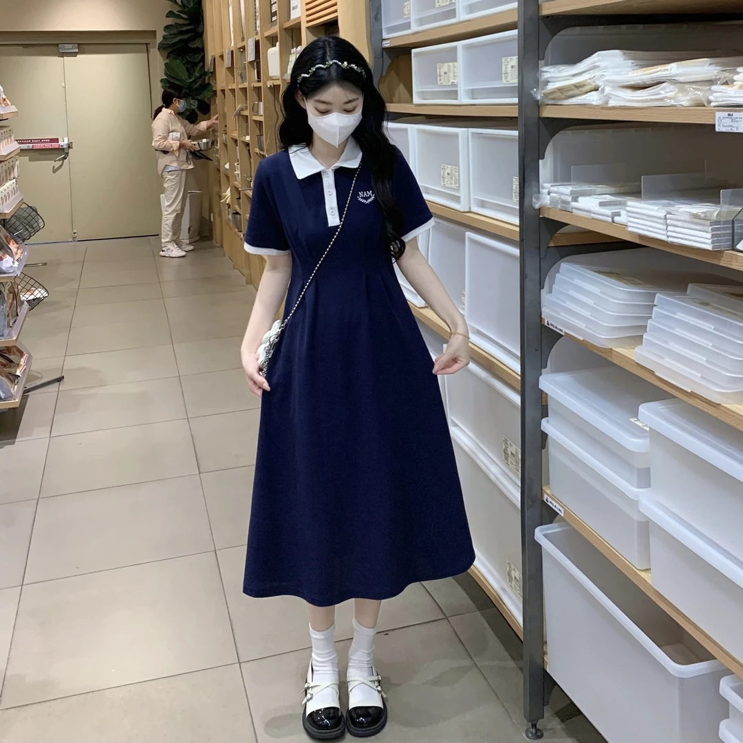 polo领连衣裙12岁女大童夏季初中生15岁13少女孩收腰显瘦过膝长裙
