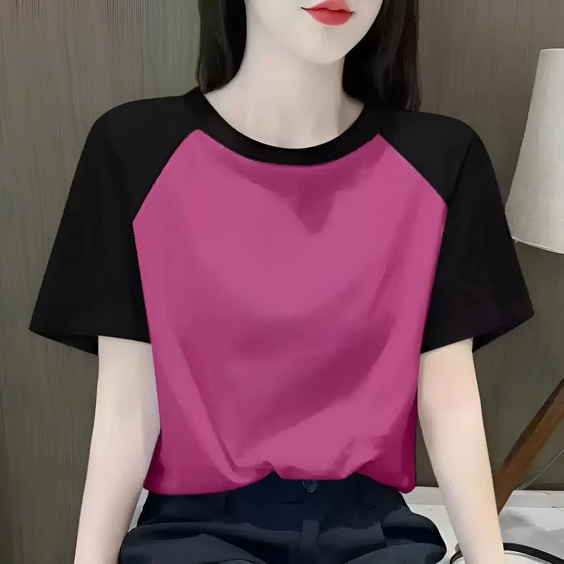 欧货正肩黑拼玫红圆领短袖t恤女2025新款夏季宽松显瘦休闲上衣潮