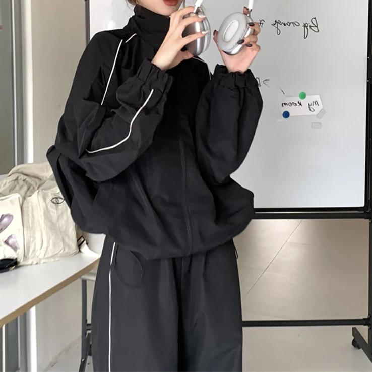 黑色运动服套装女 2025秋季小众设计感抽绳束脚阔腿裤休闲套装女