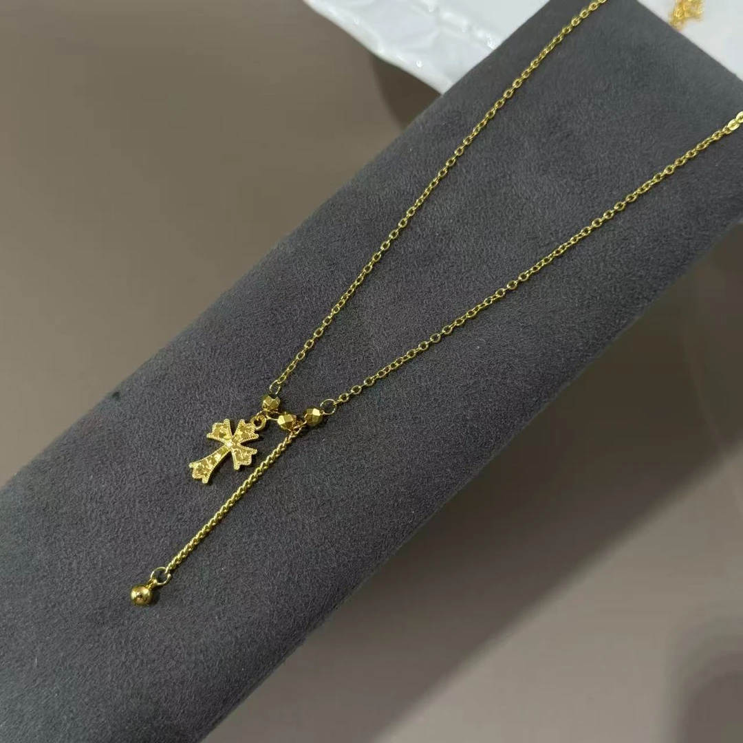 铜合金合成锆石项链 轻奢设计师【金色镭射锤纹十字架】-8380