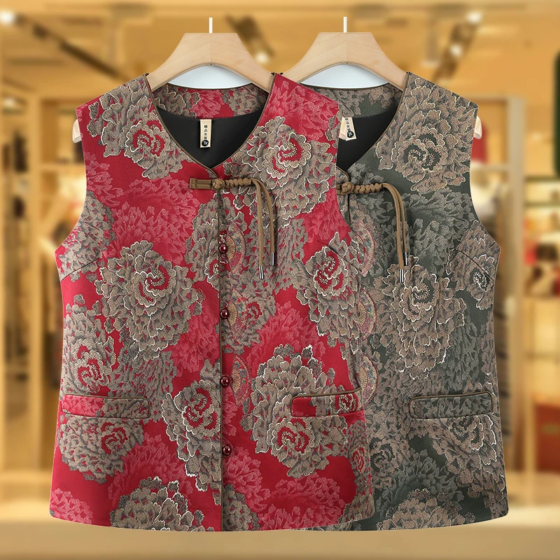 中老年人春装女马甲奶奶装春秋绣花马夹母亲马褂中国风老太太背心