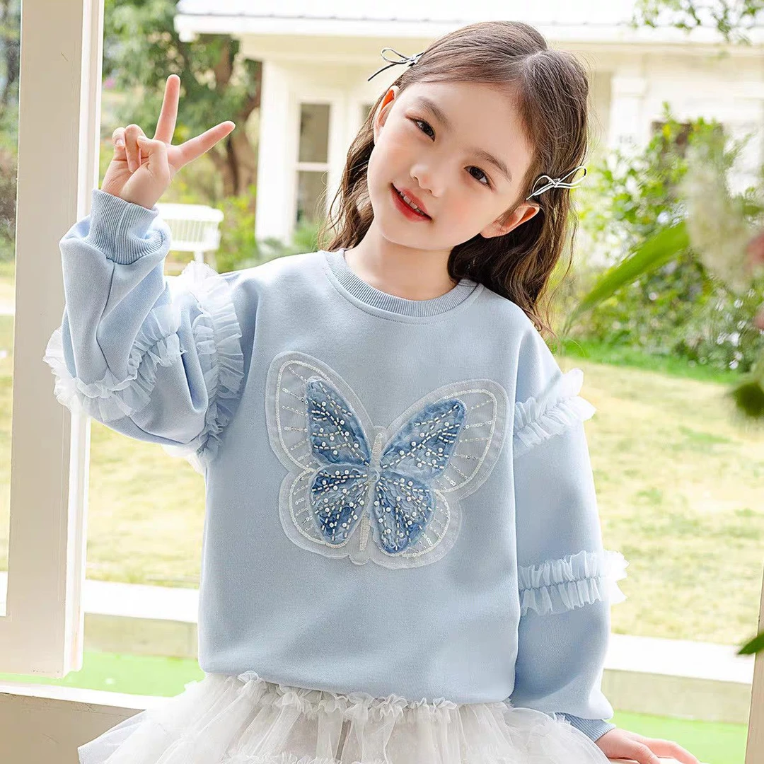 女童卫衣秋季蝴蝶宝宝加绒洋气打底衫20216岁1岁女宝秋冬款卫衣