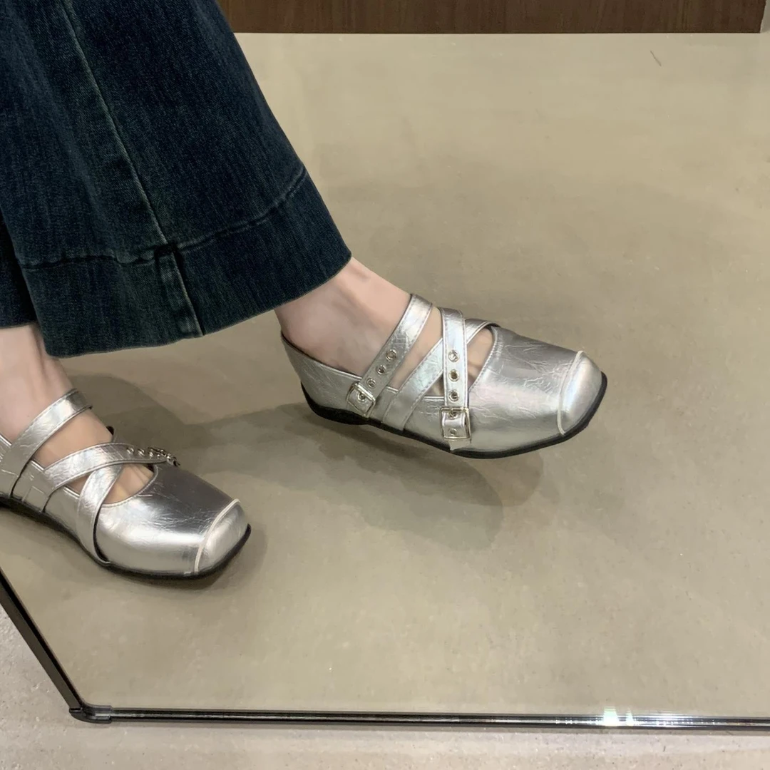 银色玛丽珍鞋女交叉带芭蕾单鞋2025新款夏季韩版厚底配裙子小皮鞋
