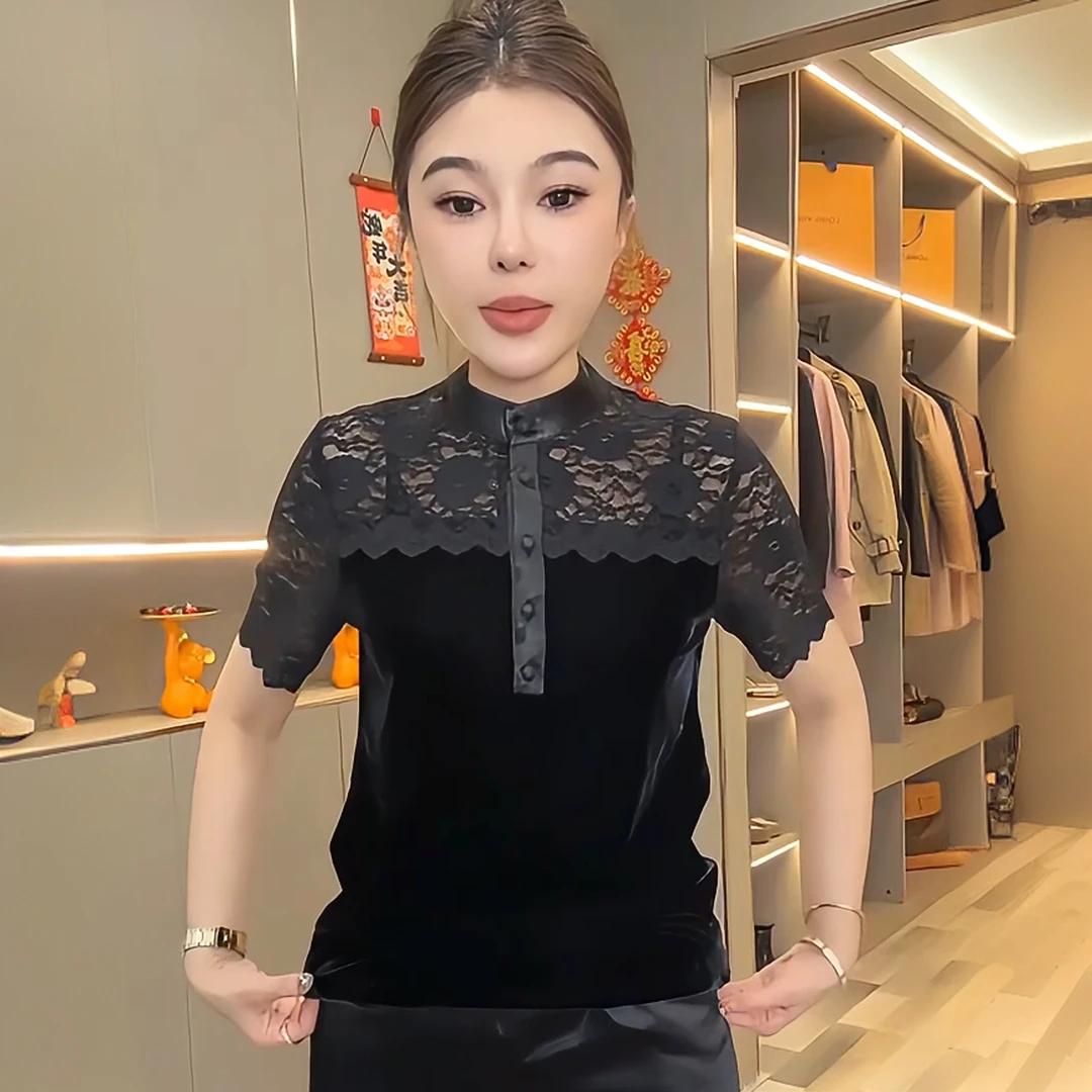 2025夏新款设计感蕾丝拼接面膜丝绒洋气网红同款显瘦百搭短袖T恤