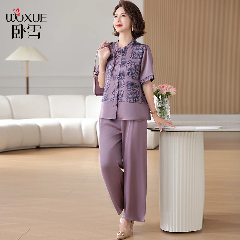 妈妈夏装套装新中式国风小衫2025新款中老年人夏季短袖衬衫上衣女