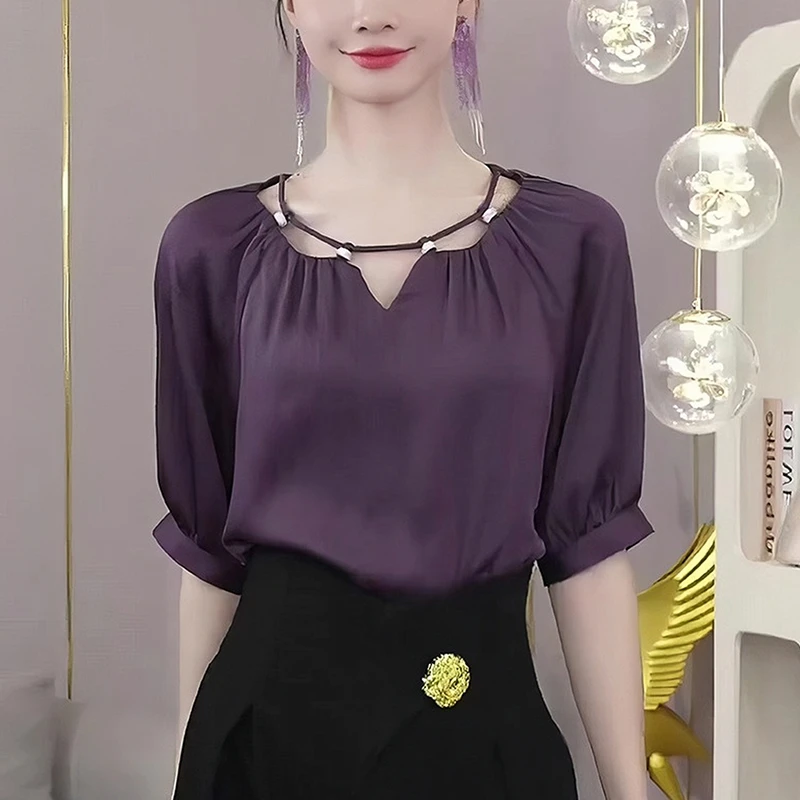 紫色镂空设计感短袖衬衫女夏季2025新款时尚洋气减龄轻奢气质上衣