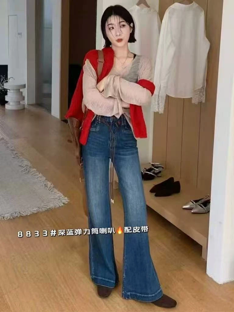 秋季新款牛仔裤四面弹高腰显瘦微喇裤