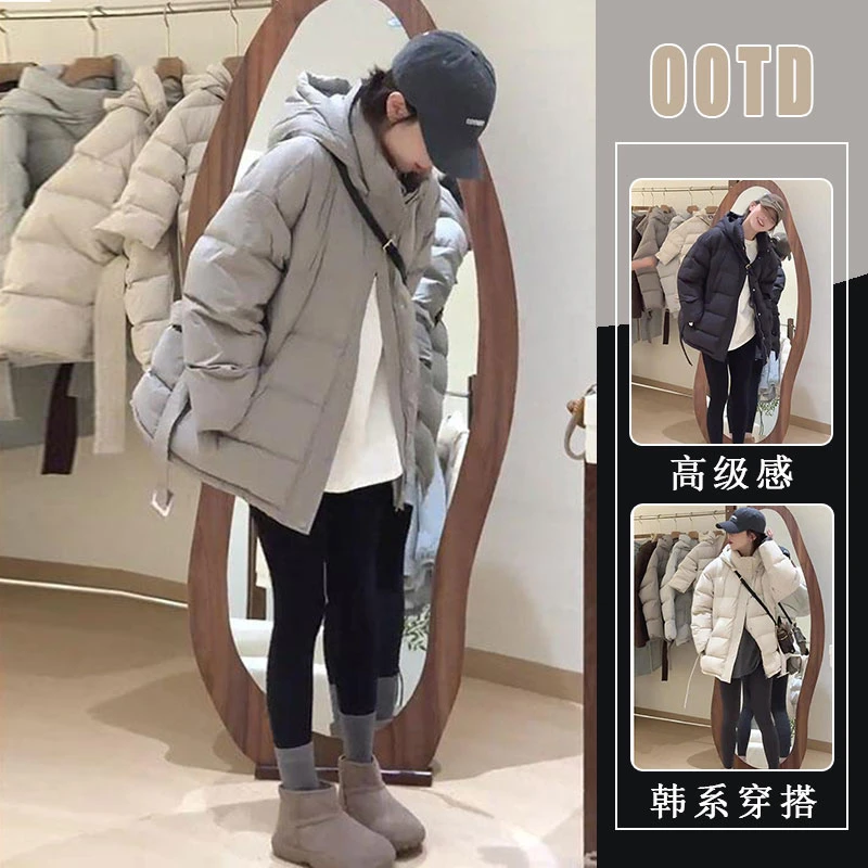2025冬季新款爆款洋气韩版时尚百搭系带收腰显瘦连帽棉服女潮