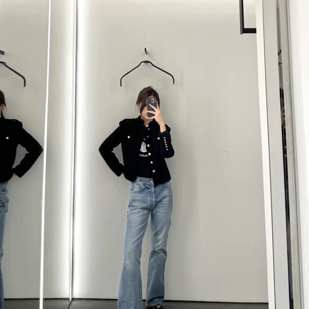 未使用 Celine/思琳 D500860/粗呢编织单排金扣夹克/34码