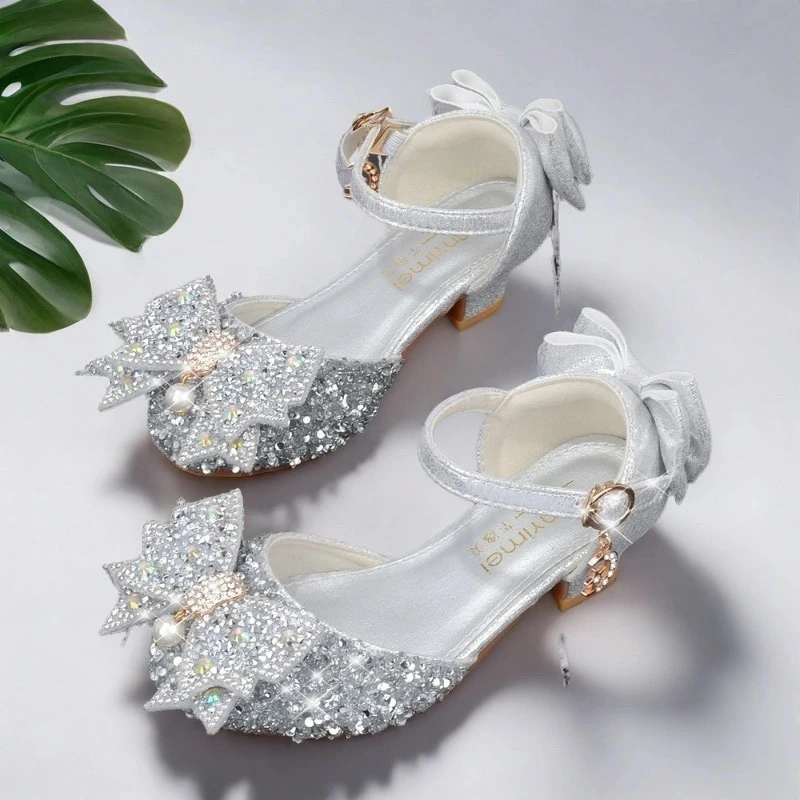 女童公主高跟鞋儿童时尚百搭满钻小女孩软底银色演出走秀上台表演