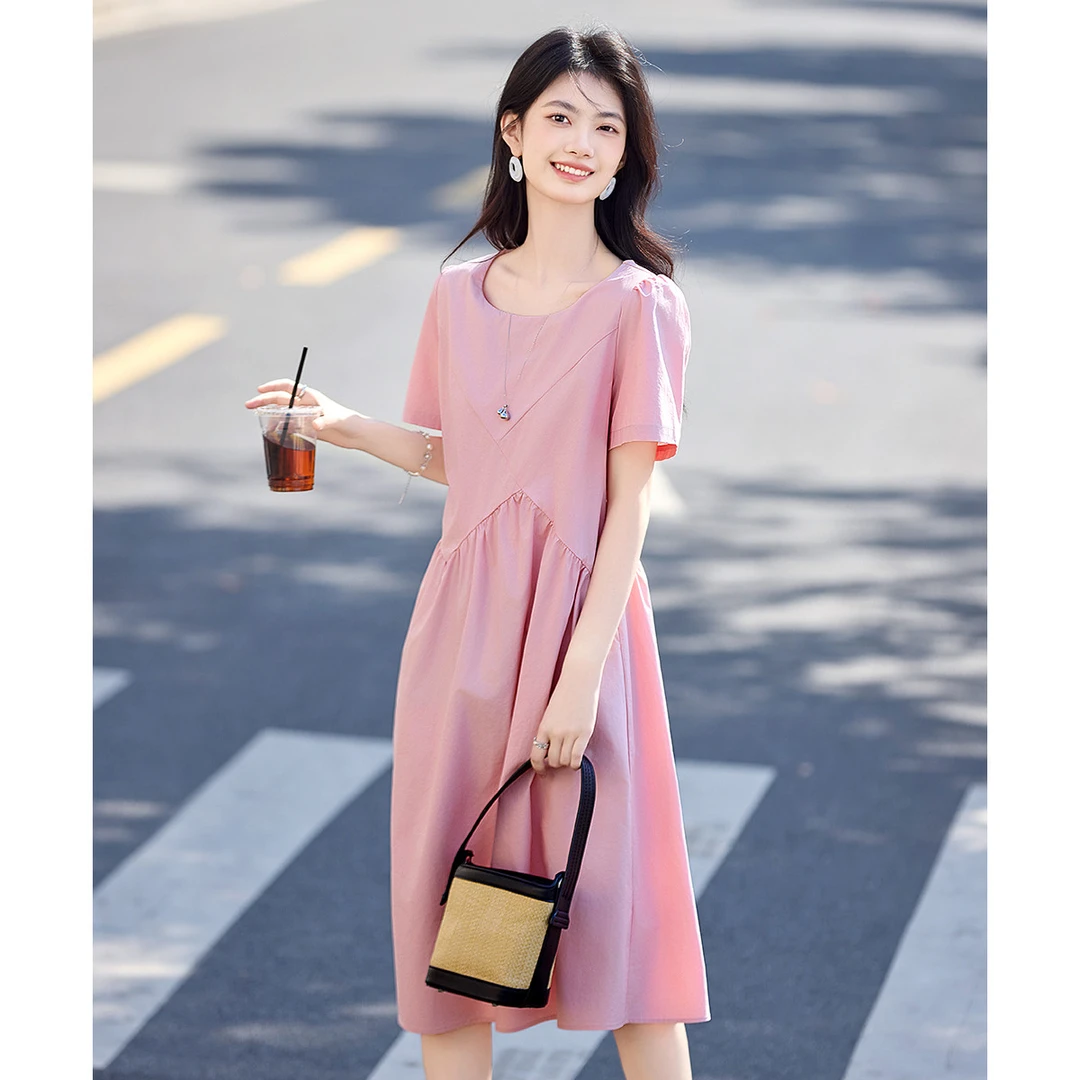 尚静街头风纯棉简约不规则拼接连衣裙2025夏季新款宽松腰中长裙