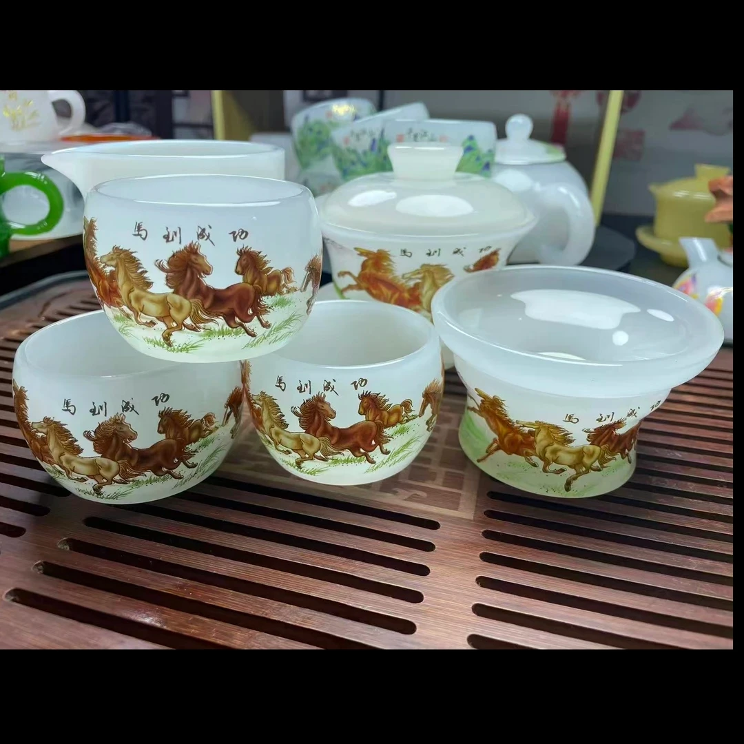 玉瓷琉璃高档茶具套装马到成功羊脂白十件套