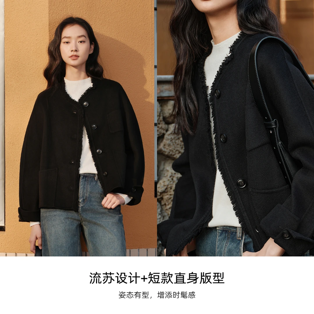 Elva' Island短款毛边双面呢子外套女冬季2025新款休闲绵羊毛大衣
