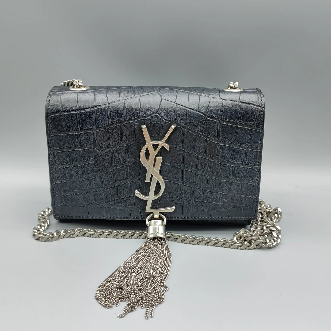 95新 YSL/圣罗兰  黑银流苏鳄压纹链条包 1644 3075