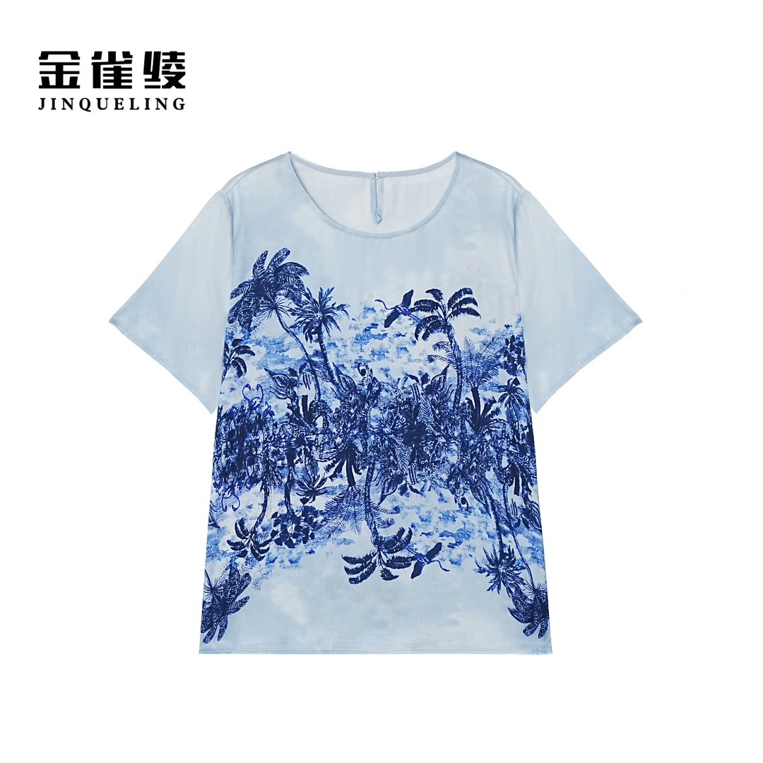 金雀绫【小岛假日】桑蚕丝设计感圆领透气加宽加大小衫SZA2S342