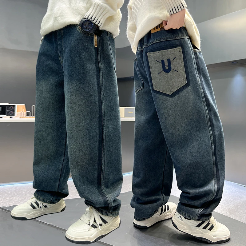 男童秋冬后口袋字母U刺绣加绒牛仔裤中大童儿童百搭裤子YH8811