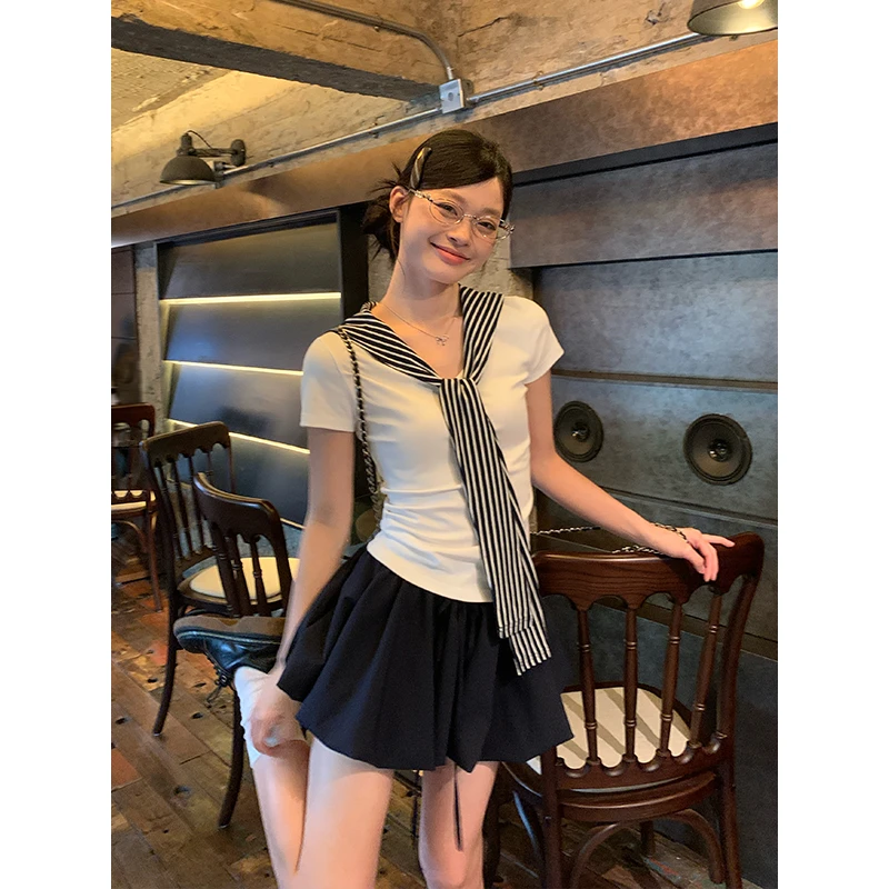 宋正恩藏蓝色花苞半身裙女夏季拼色小个子高腰气质a字短裙子JH143