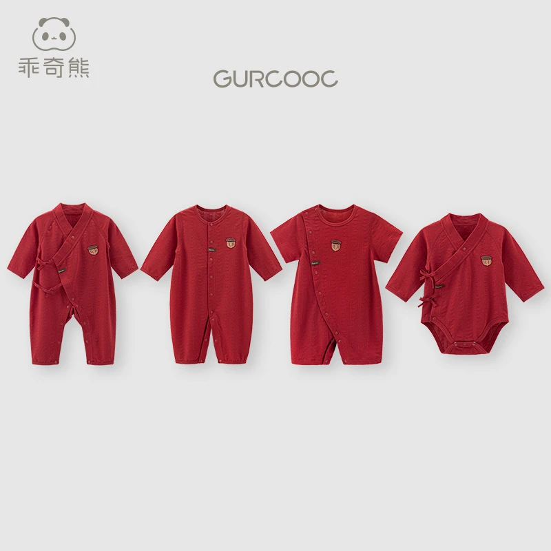 GURCOOC婴儿纯棉连体衣夏薄款红色满月周岁服宝宝空调服哈衣爬服