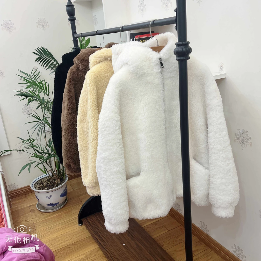2024新款百搭保暖冬季加厚韩版网红休闲时尚全羊毛女士连帽外套