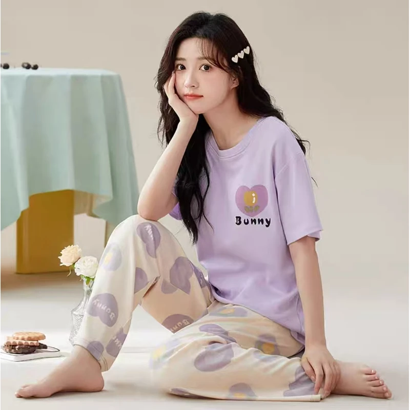 （主播身上）女套装家居服短袖长裤带胸垫可以外穿纯棉休闲