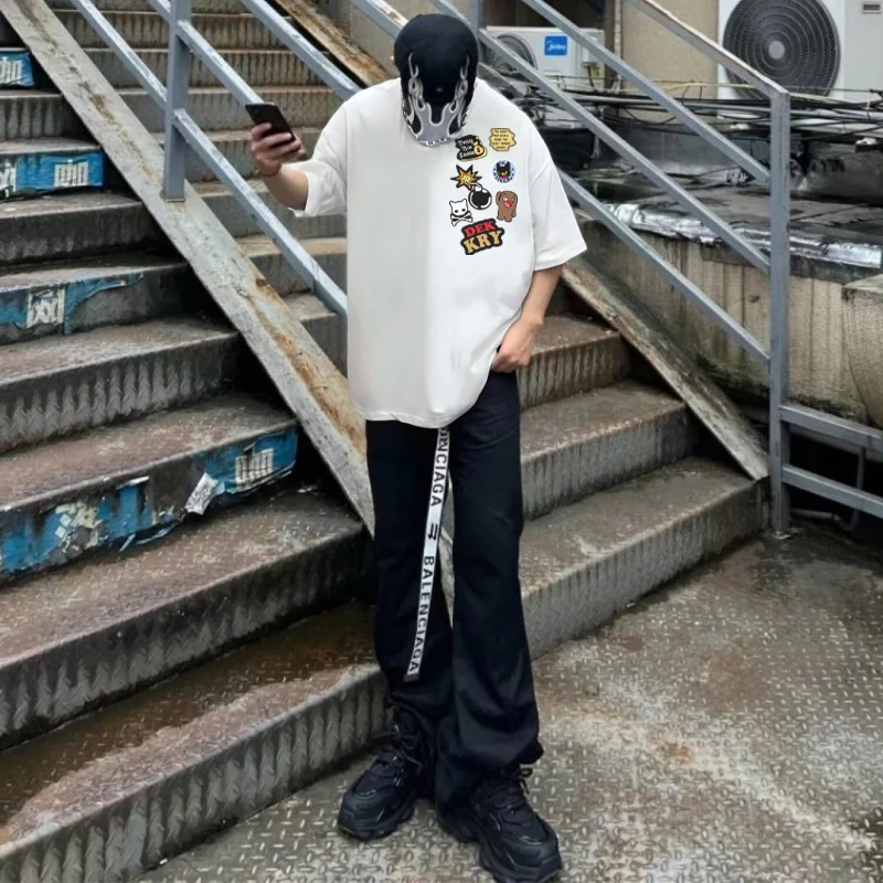 labzaa美式趣味卡通字母印花短袖T恤男女夏季休闲纯棉宽松上衣潮