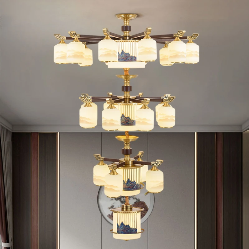 新中式吊灯全铜玻璃客厅灯挑空大气朝下款中式别墅餐厅灯具