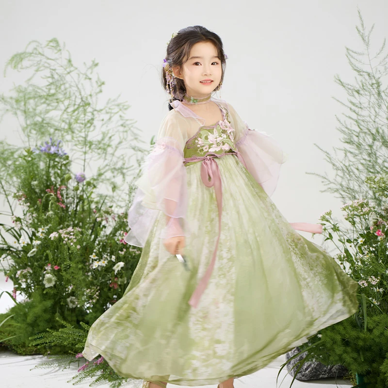 十三余童装[风祈春至]国风汉服女童2025新款儿童刺绣连衣裙公主裙