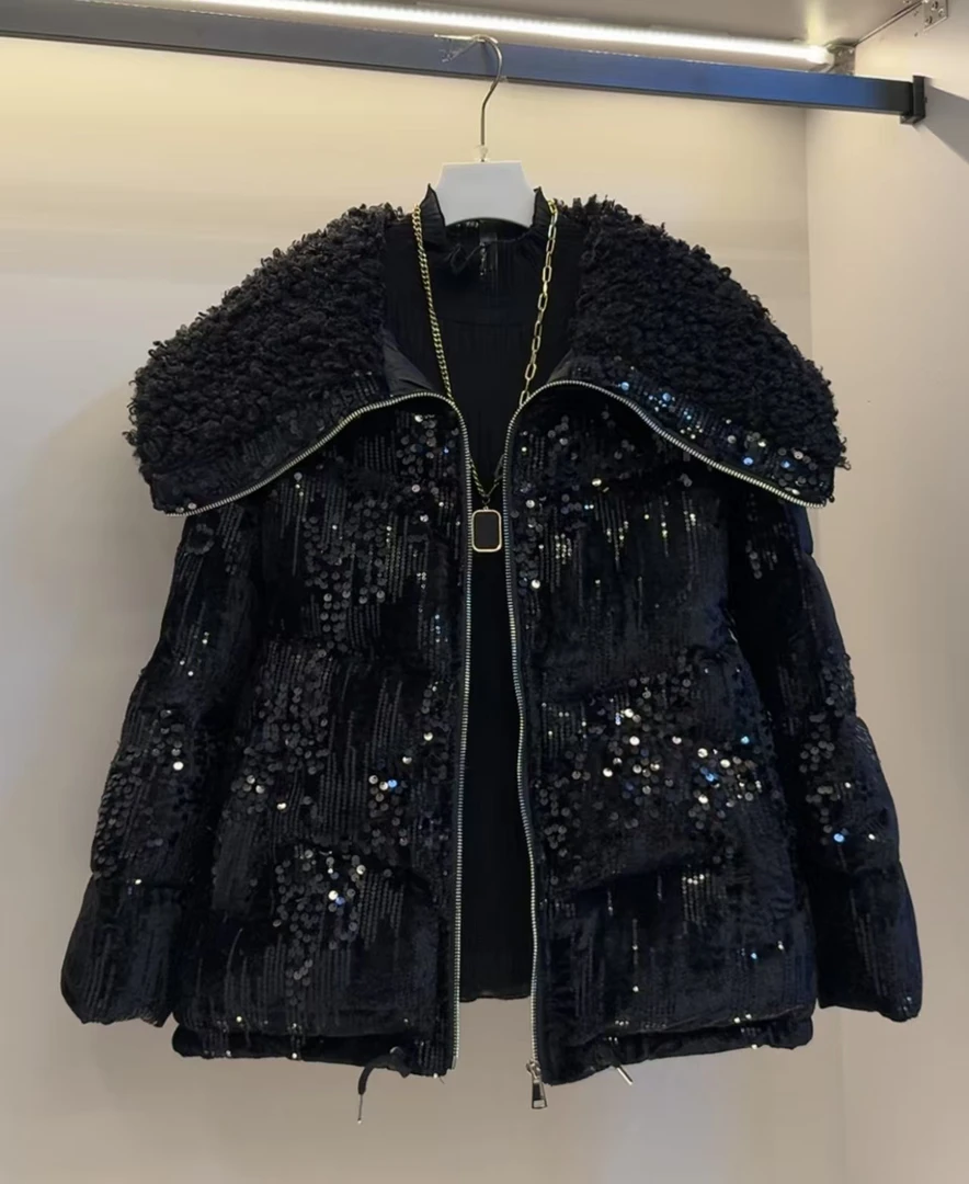 欧货大码女装新款大翻领重工亮片高级感棉服外套(衣长60)