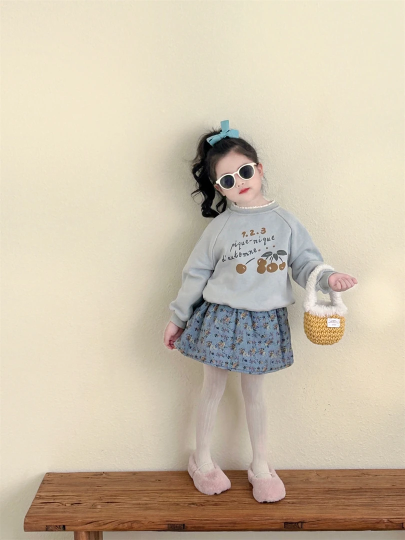 女童加绒卫衣秋冬新款蕾丝立领一体绒卫衣碎花夹棉半身裙