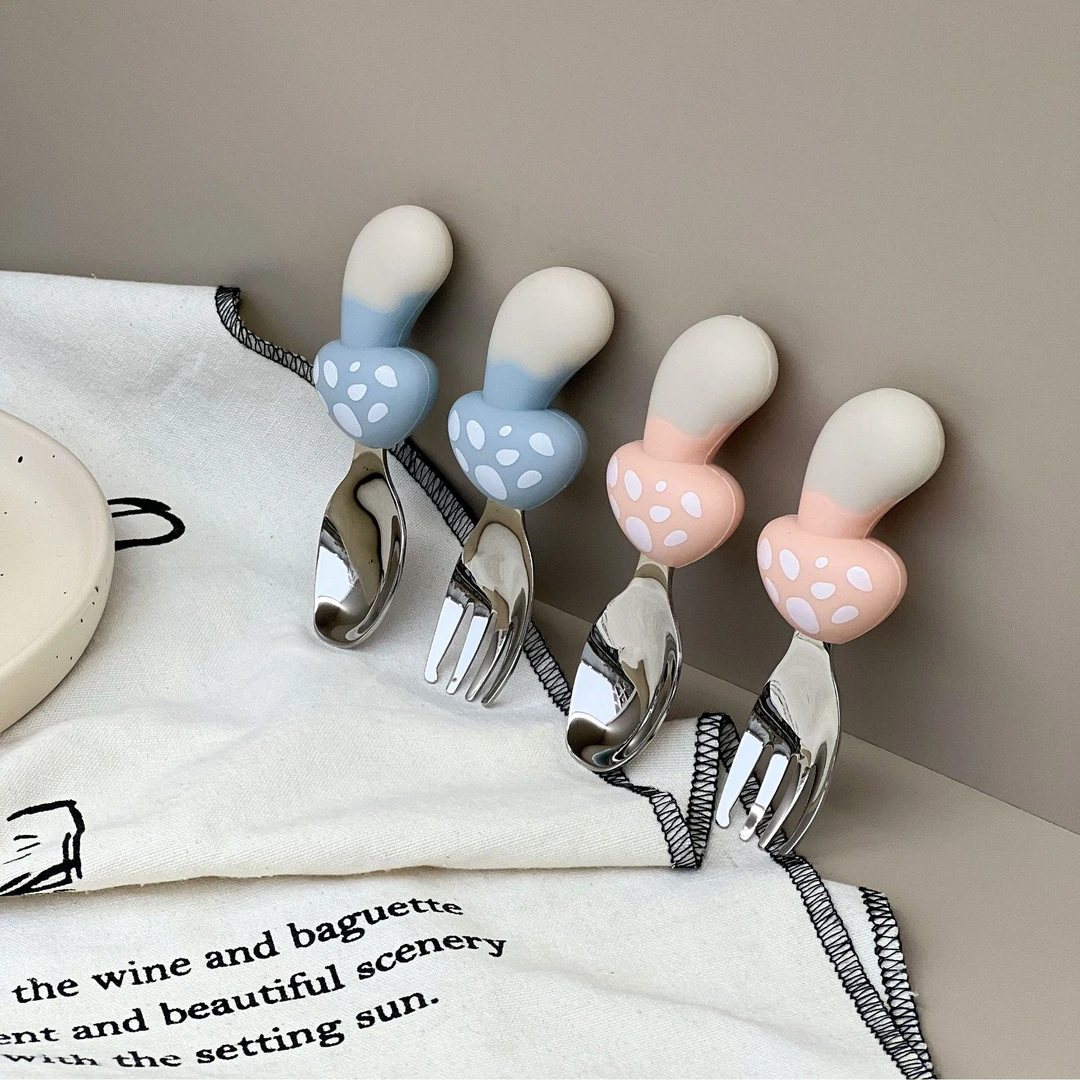 创意蘑菇小朋友辅食勺叉套装316L 萌趣宝宝餐具 便携加厚带收纳盒