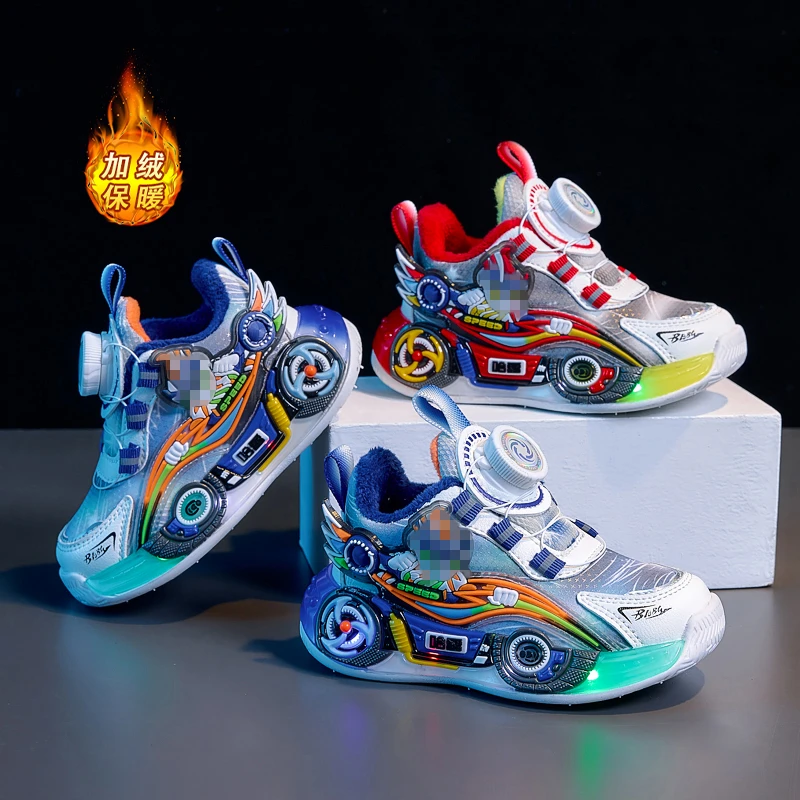 男童鞋子带灯冬季新款皮面儿童保暖二棉鞋中小童防滑软底跑步鞋子