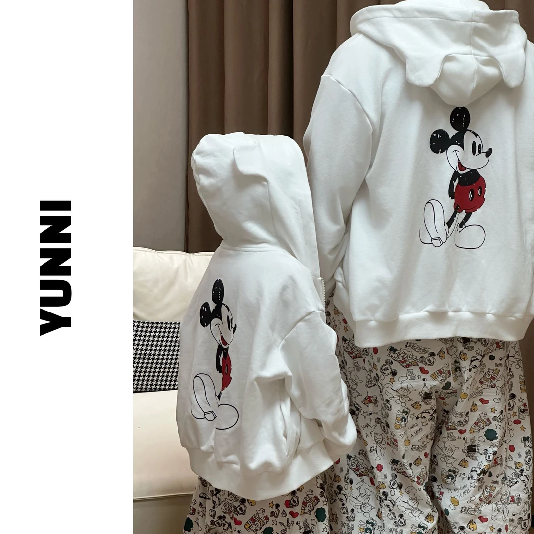 YUNNI【看！Mickey】秋冬纯棉卡通可爱毛圈开衫连帽亲子母女童装外套