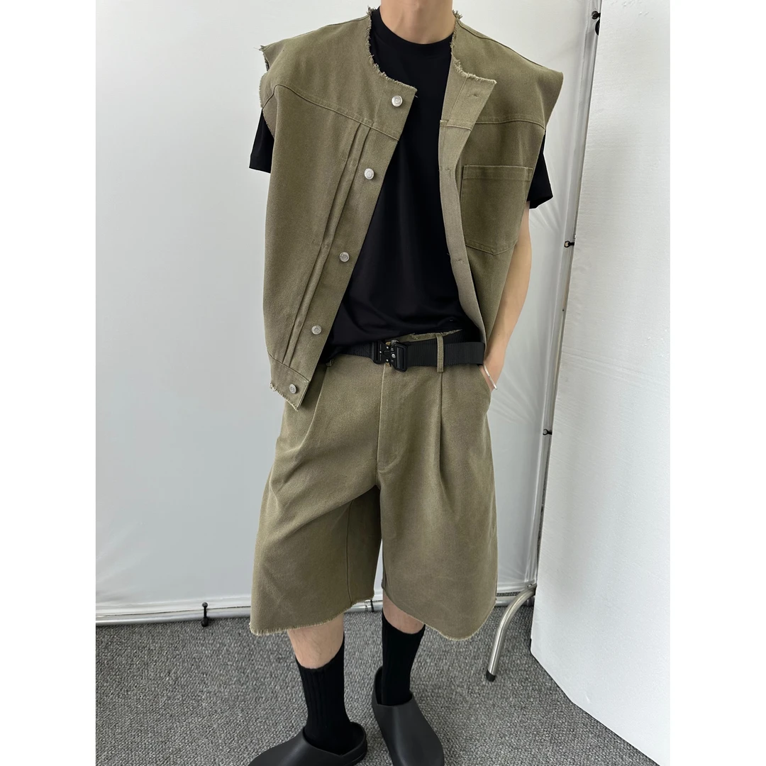 SHAKEAIR工装风灰绿色重水洗挺阔工装马甲短裤套装 SW717/718