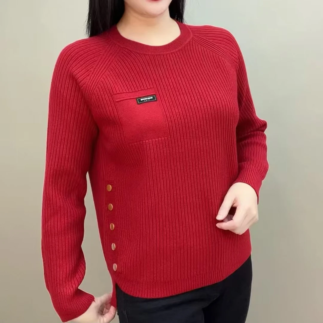 高档侧扣圆领针织衫女2025春季新款时尚洋气减龄大码宽松妈妈毛衣