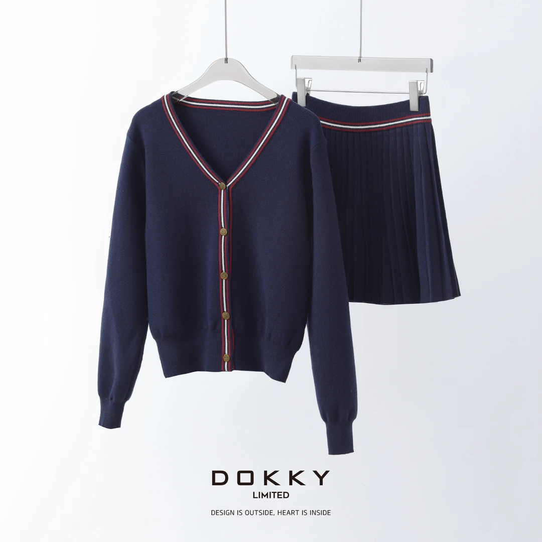 【常春藤】DOKKY英系学院风.撞色条纹|针织开衫+百褶裙套装