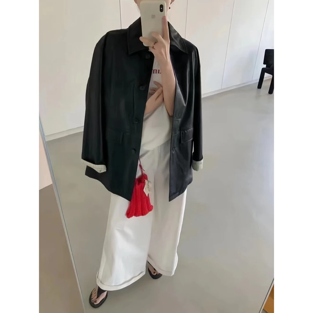 高级感条纹翻边皮衣显瘦设计感上衣KX09W-965