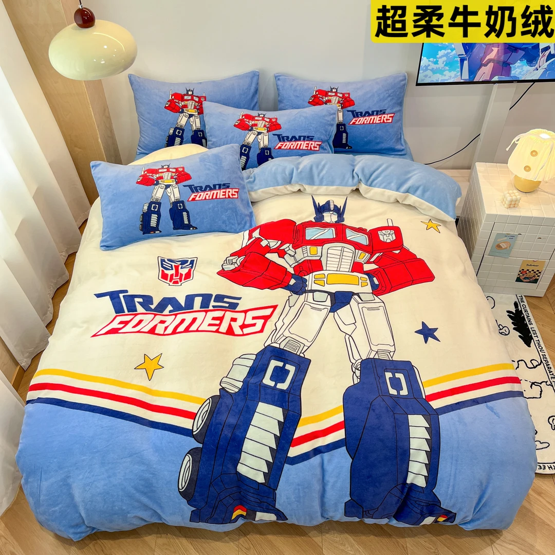 牛奶绒四件套加厚加绒被套床单床笠儿童卡通保暖变形金刚高达冬季