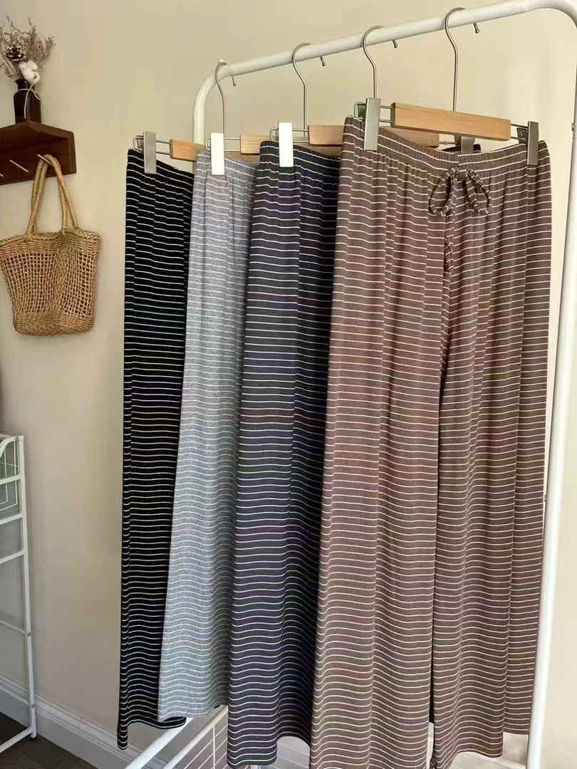 韩版条纹睡裤女长裤春秋薄款宽松大码家居裤女可外穿夏天休闲裤女