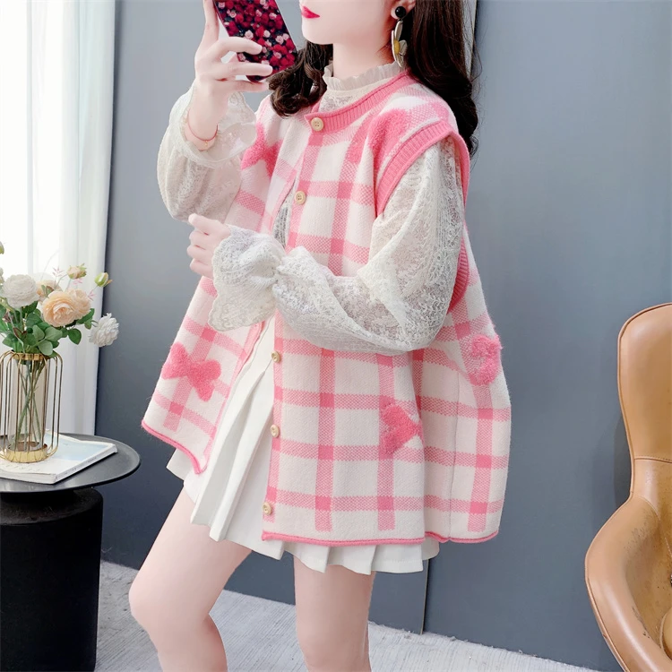 甜美减龄格子蝴蝶结毛衣马甲背心女春季2025新款洋气无袖坎肩上衣