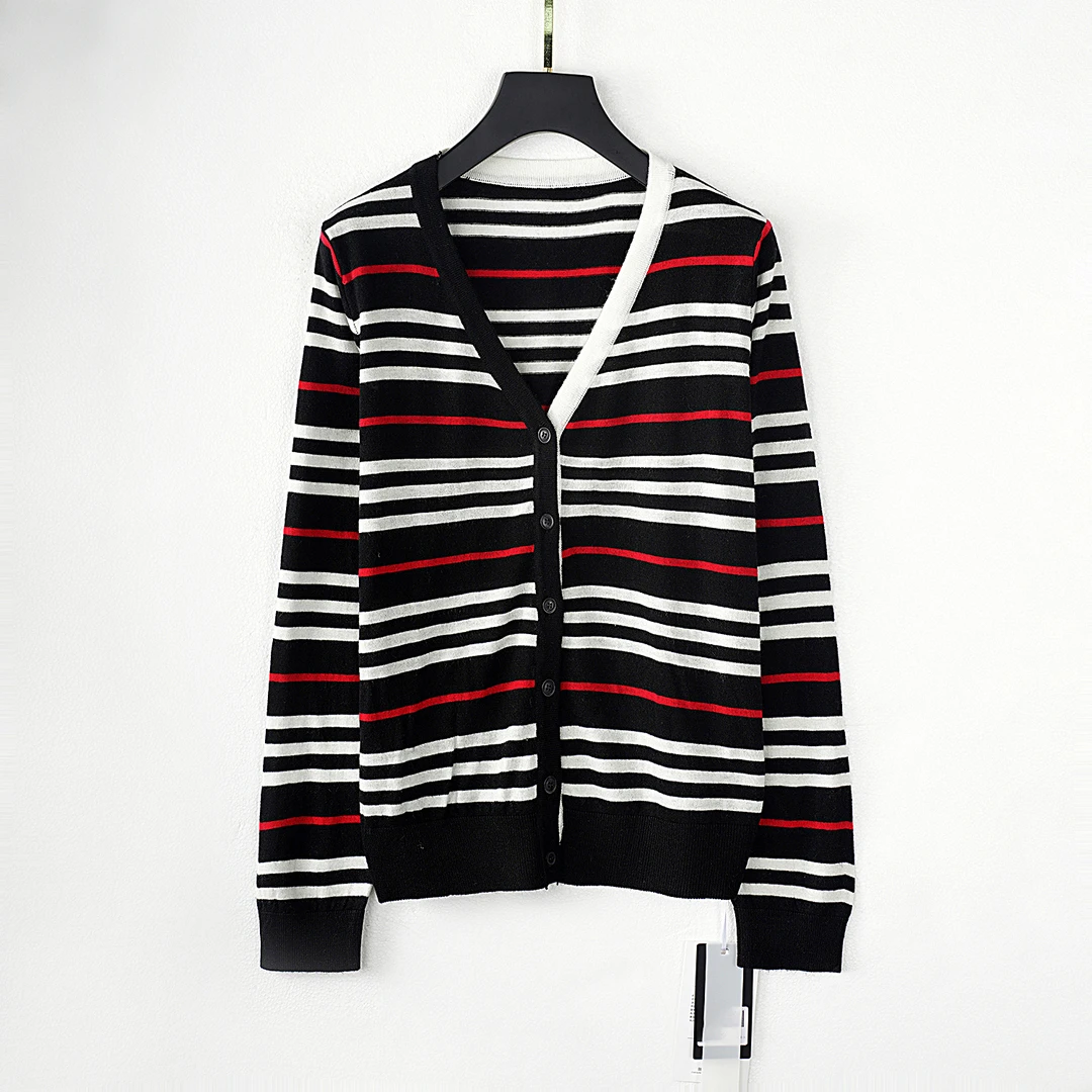 【春季新款】CD315黑色宽松休闲气质时尚条纹拼接休闲百搭针织开衫